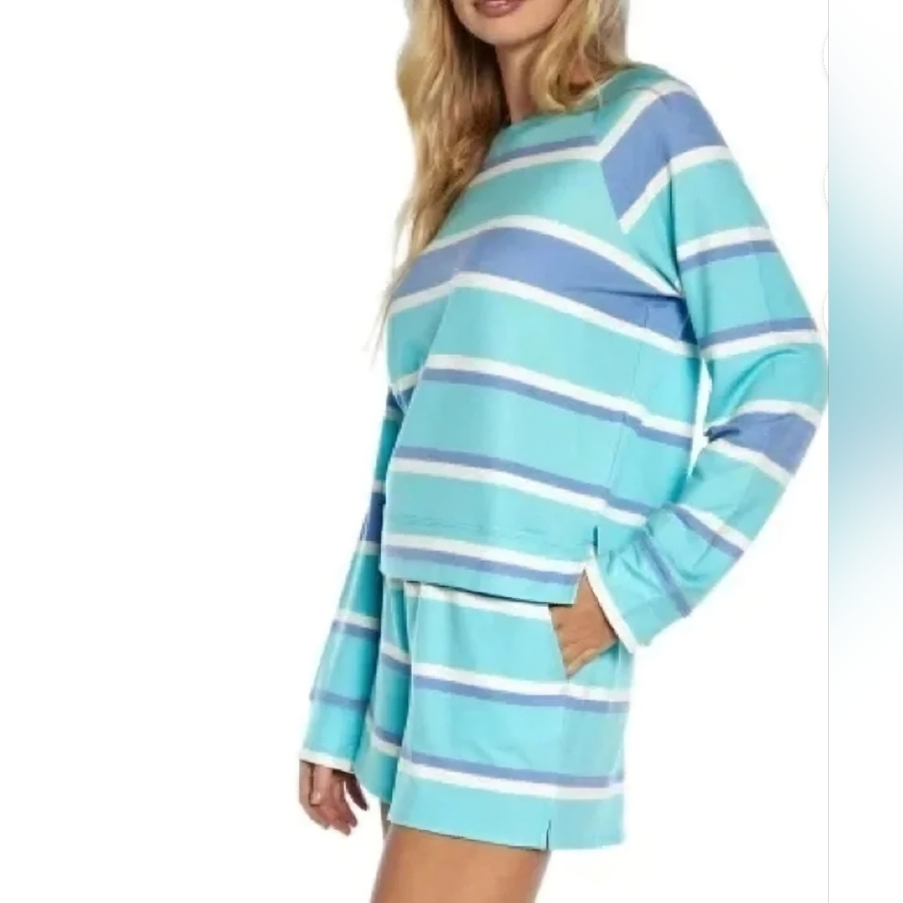 NEW Wildfox Blue Teal and White Striped Pajama Set Cozy Loungewear Sz XL